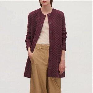 COS Textured Knit Long Quilted Jacquard Burgundy Cardigan Size S